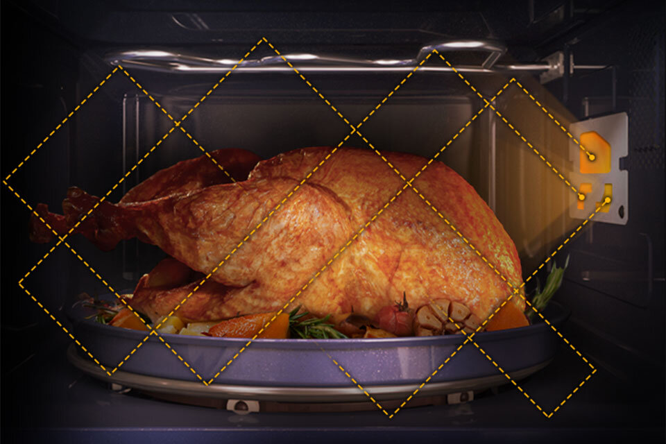 Obrazek reprezentujący przyrządzanie doskonałych potraw dzięki emisji mikrofal z trzech różnych źródeł