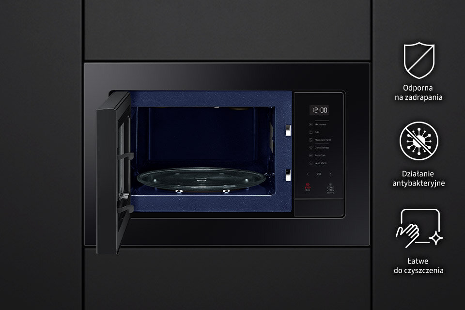 Na grafice przedstawiona jest czarna zabudowa z mikrofalówką. Widać na niej także trzy ikony, które informują o zaletach urządzenia