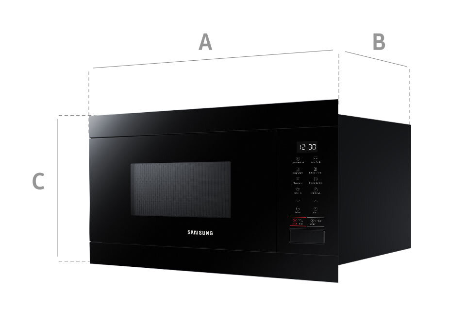 Grafika z naniesionymi wymiarami zewnętrznymi kuchenki MS22T8254AB/E1 dostępnej w ofercie sklepów Media Expert