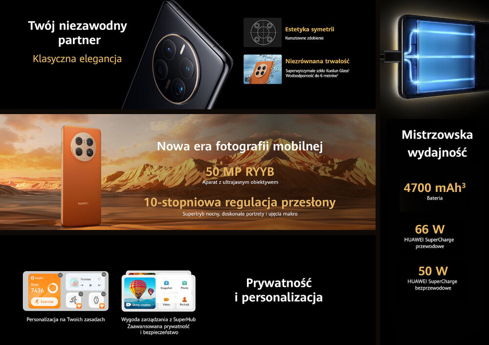 SMARTFON HUAWEI MATE 50 PRO ekran bateria aparat procesor ram pamięć pojemność rozdzielczość zdjęcia filmy opis dane cechy blokady system łączność wifi bluetooth obudowa szkło odporność porty muzyka transfer sieć przekątna matryca waga czujniki