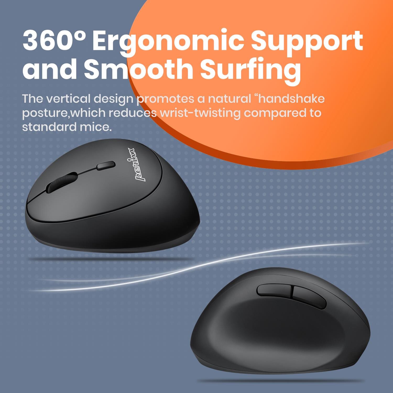 Obraz przedstawia czarną, wertykalną mysz komputerową z logo \'Perixx\'. Na górze widoczny jest tekst: \'360° Ergonomic Support and Smooth Surfing The vertical design promotes a natural “handshake” posture, which reduces wrist-twisting compared to standard mice.\'