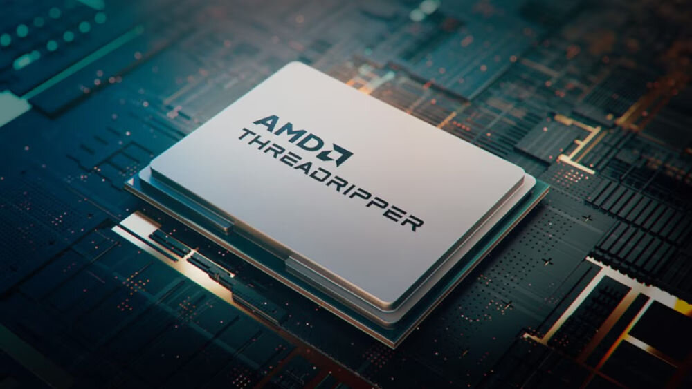 Procesor AMD Ryzen Threadripper Pro 5955WX wizualizacja procesora na tle płyty głównej 64 wątki 32 rdzenie częstotliwość 2,7 GHz boost do 4,5 GHz