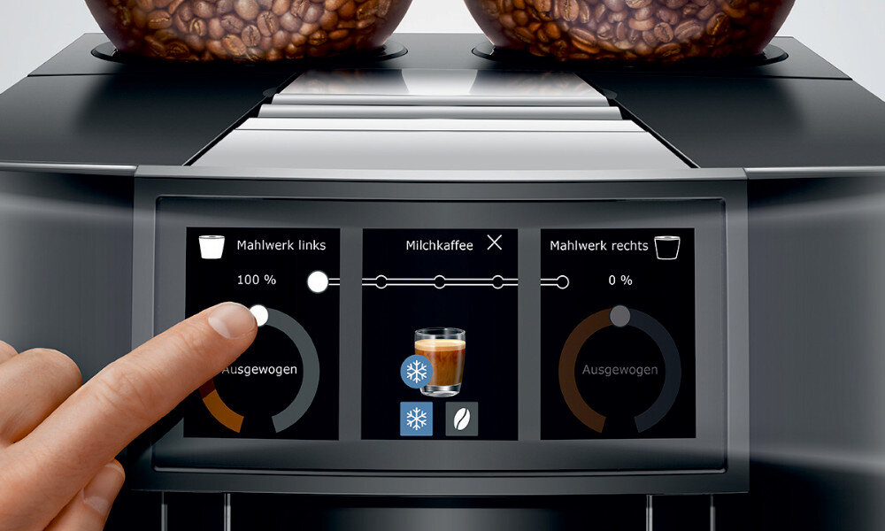 Ekspres JURA GIGA 10 Diamond Black (EA) Panorama Coffee Panel panoramiczny ekran dostosowanie wielkosc intensywonosc mleko pianka mleczna
