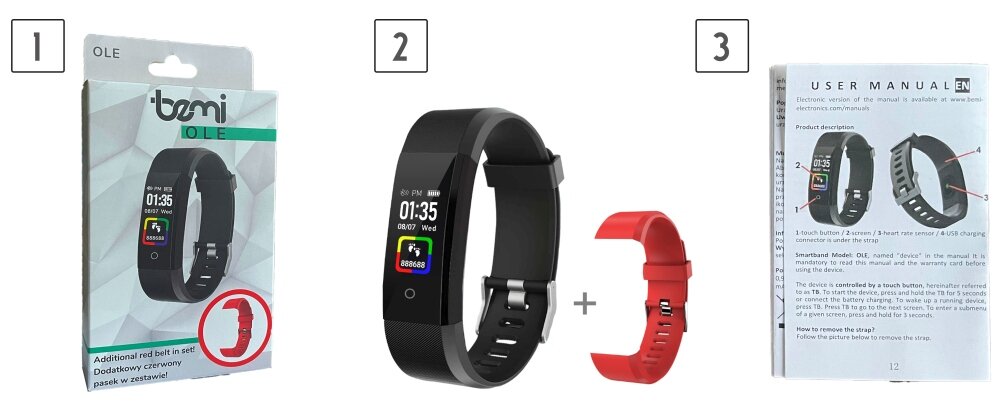 Smartband BEMI Ole ekran bateria czujniki zdrowie sport pasek ładowanie pojemność rozdzielczość łączność sterowanie krew puls rozmowy smartfon aplikacja Czarny opakowanie zestaw