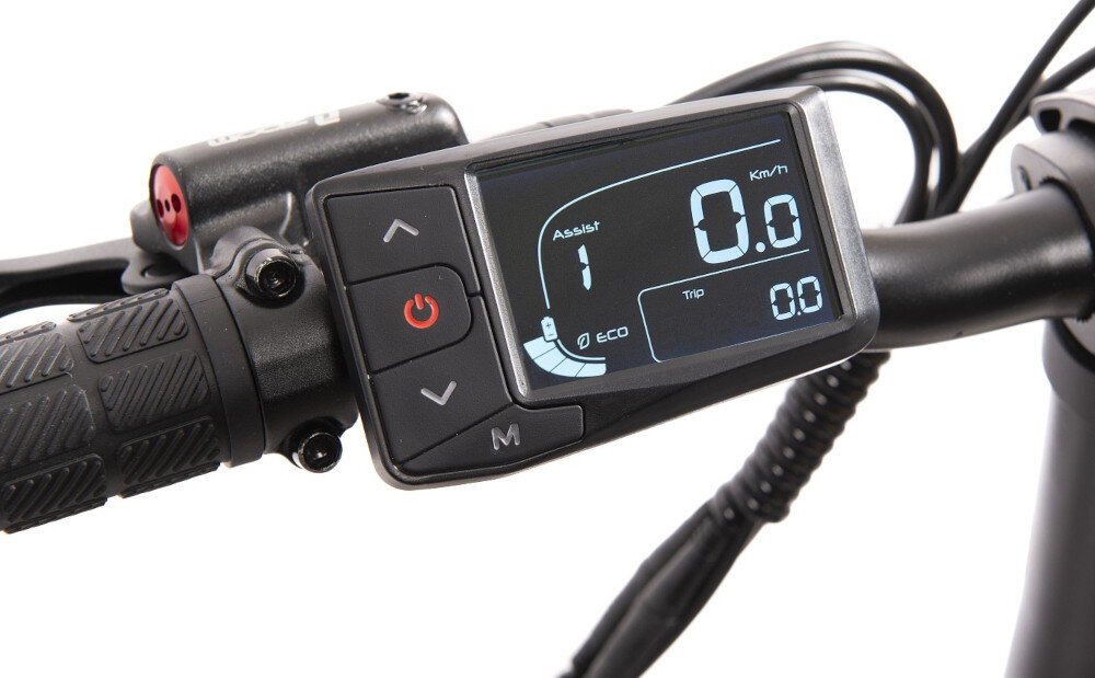 Rower elektryczny DUCATI Scrambler SCR-X U17 20 cali Czarno-żółty kierownica z widocznym wyświetlaczem na białym tle aluminiowa kierownica antypoślizgowy materiał pewny chwyt wyświetlacz LCD monitorowanie kluczowych parametrów