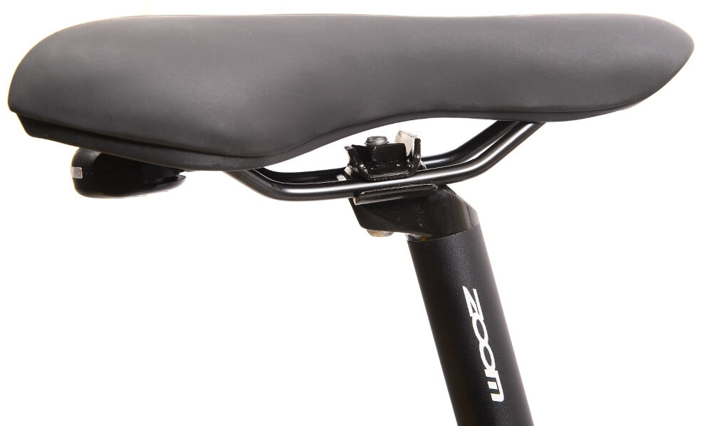 Rower elektryczny DUCATI Scrambler SCR-X U17 20 cali Czarno-żółty siodełko na białym tle miękkie piankowe siodełko sztyca wykonana z lekkiego aluminium marki ZOOM aluminiowa konstrukcja sztycy trwałość i odporność na uszkodzenia