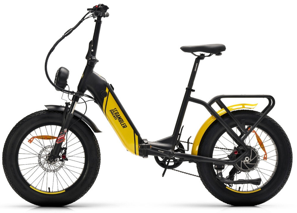 Rower elektryczny DUCATI Scrambler SCR-X U17 20 cali Czarno-żółty rower na białym tle widoczny z boku komfort jazdy odpowiednia kontrola nad rowerem 17-calowa aluminiowa ramę rower jest zwinny lekki łatwo go podnieść odporny na korozję wybór rozmiaru ramy Twój wzrost mierzony w zrelaksowanej pozycji typ roweru