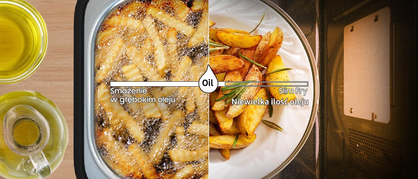 Zdjęcie pokazuje, jakimi zaletami charakteryzuje się rozwiązanie Slim Fry™ w porównaniu do smażenia w głębokim tłuszczu Zdjęcie pokazuje, jakimi zaletami charakteryzuje się rozwiązanie Slim Fry™ w porównaniu do smażenia w głębokim tłuszczu