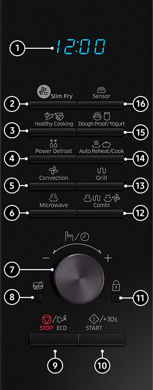 Zdjęcie pokazuje zestaw przycisków służących do kontrolowania kuchenki mikrofalowej Samsung, która dostępna jest w sklepach Media Expert Zdjęcie pokazuje zestaw przycisków służących do kontrolowania kuchenki mikrofalowej Samsung, która dostępna jest w sklepach Media Expert