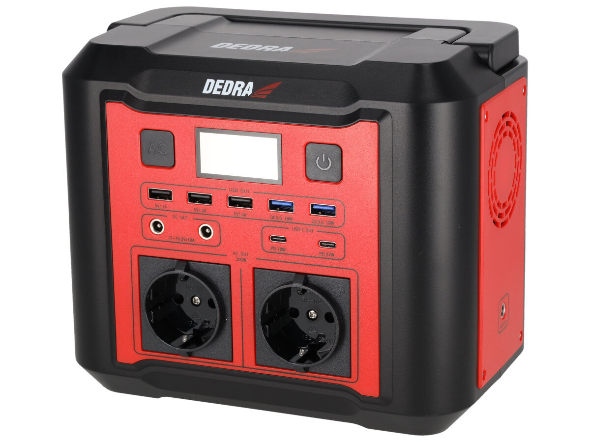 Stacja zasilania DEDRA DEZS0300 296Wh Bank energii moc 300w akumulator czas ładowania, na białym tle stacja frontem prawo skos