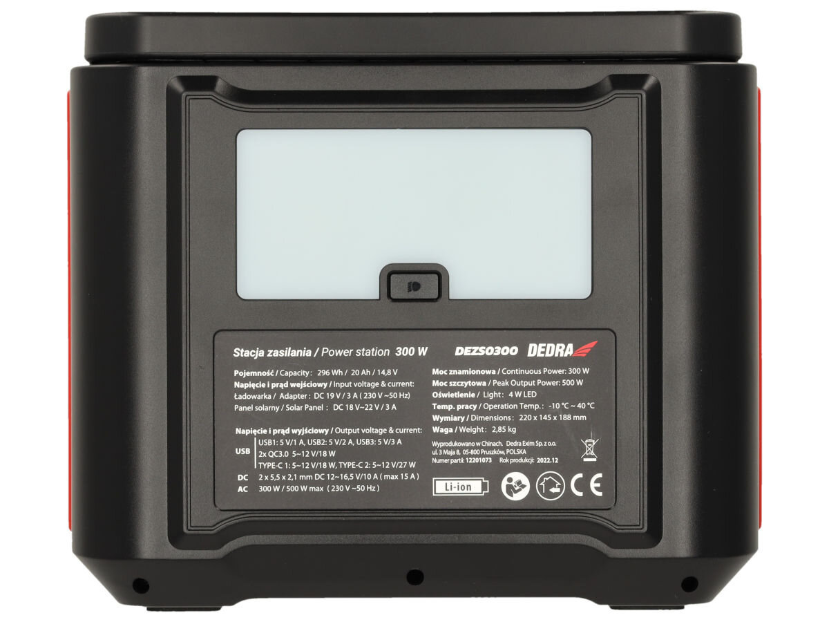 Stacja zasilania DEDRA DEZS0300 296Wh Bank energii wymiary waga zabezpieczenia, na białym tle stacja frontem na wprost