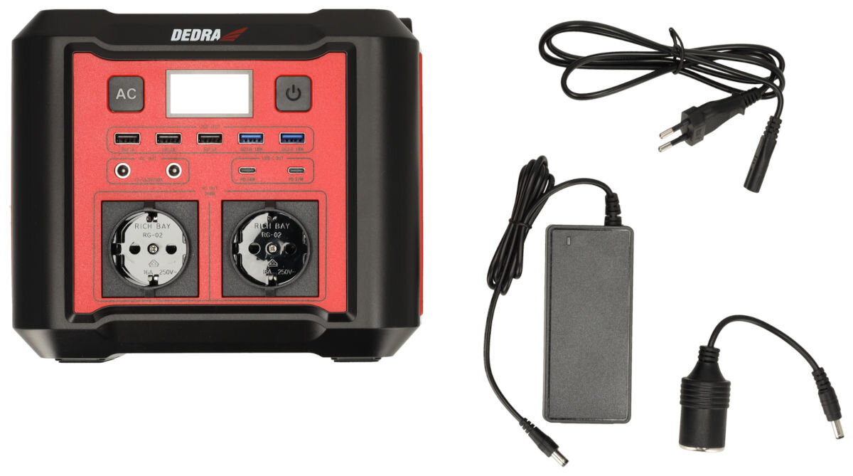 Stacja zasilania DEDRA DEZS0300 296Wh Bank energii elementy zestaw, na białym tle stacja wraz z akcesoriami