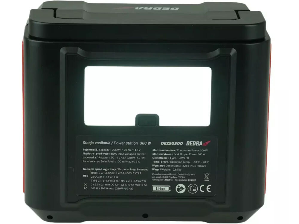 Stacja zasilania DEDRA DEZS0300 296Wh Bank energii wymiary waga zabezpieczenia