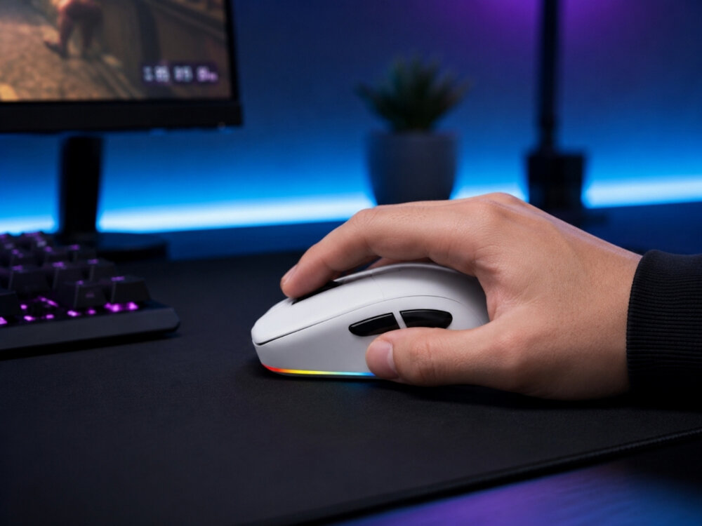 Dłoń na białej myszy gamingowej z podświetleniem RGB przy stanowisku komputerowym.