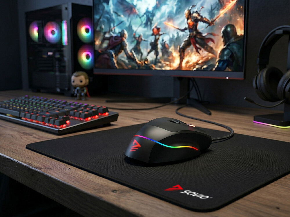 Czarna mysz gamingowa SAVIO VALIANT z podświetleniem RGB na podkładce, przed monitorem z grą.