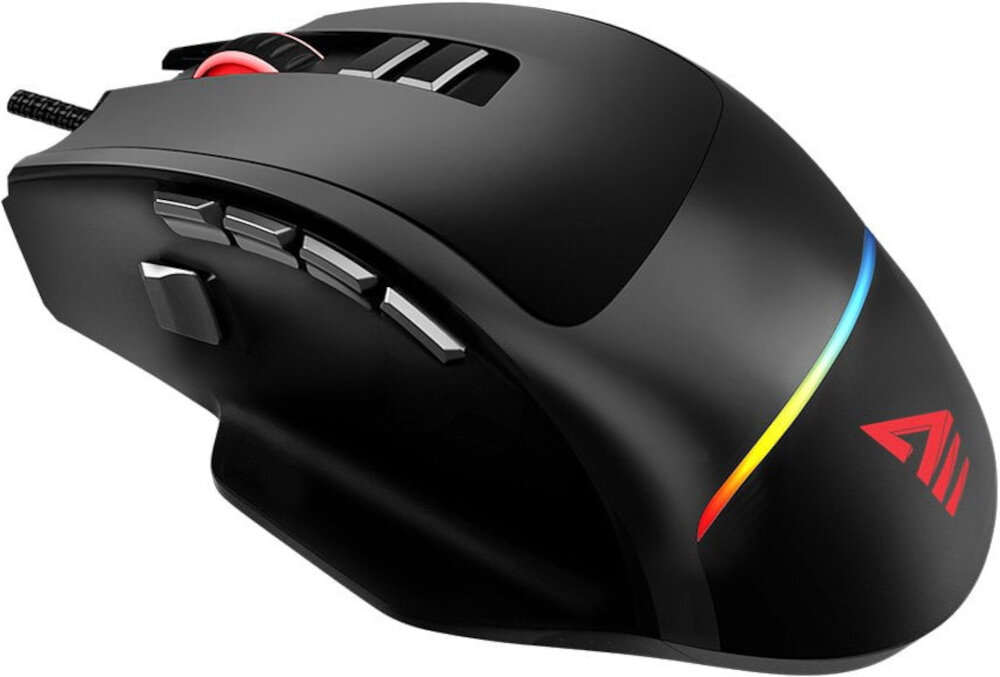 Przybliżenie na czarną mysz gamingową SAVIO VALIANT z podświetleniem RGB oraz dużą ilościa przycisków bocznych
