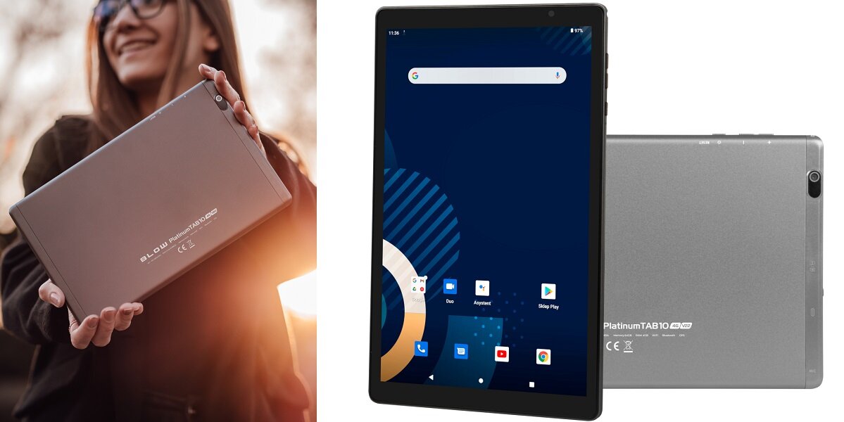 Tablet BLOW Platinum Tab V22 10.1 4/64 GB LTE Wi-Fi Szary GPS android multi-Touch ekran rozdzielczość przekątna wymiary waga aparat Autofocus mikrofon karta graficzna praca rozrywka procesor głośnik akumulator pamięć RAM