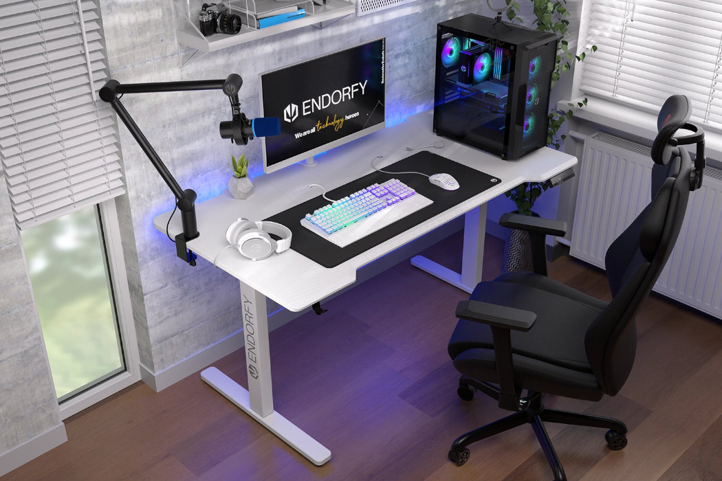 Biurko ENDORFY Atlas L powierzchnia blat regulacja design konstrukcja wzmocnienie wytrzymałość kable dopasowanie