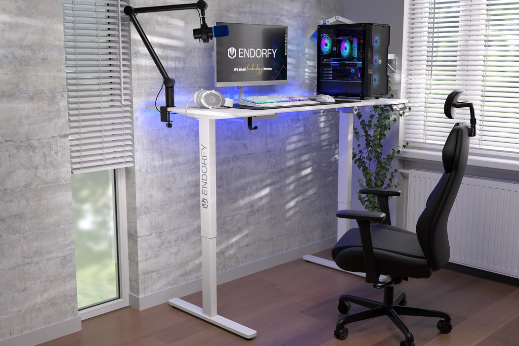Biurko ENDORFY Atlas L powierzchnia blat regulacja design konstrukcja wzmocnienie wytrzymałość kable dopasowanie