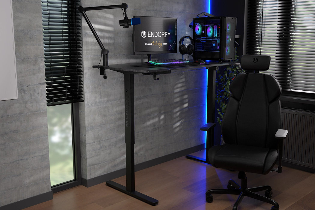 Biurko ENDORFY Atlas L powierzchnia blat regulacja design konstrukcja wzmocnienie wytrzymałość kable dopasowanie