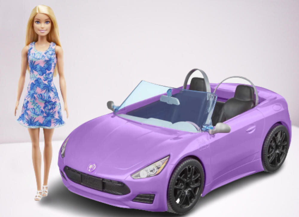MATTEL Lalka Barbie Kabriolet HBY29 podróż przyjaciółka przygody dwuosobowy samochód brokatowy różowy kolor symbol