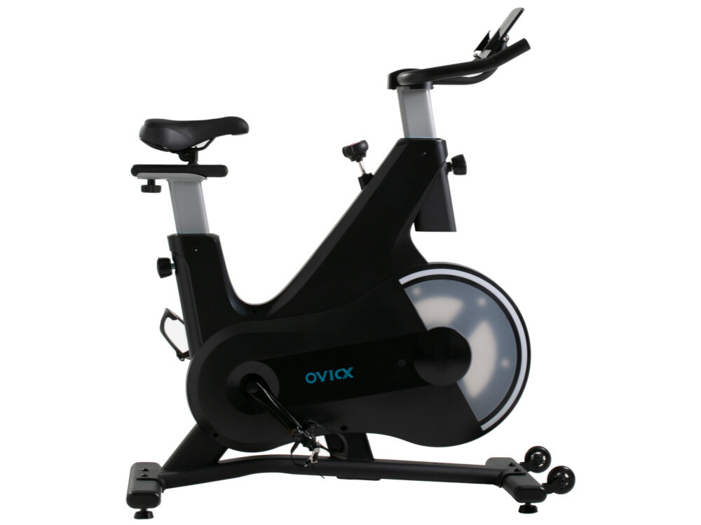Rower spinningowy OVICX Q210B Czarny bardzo dynamiczny trening świetna jakość wykonania ponadczasowy wygląd koło zamachowe waga 11 kg płynny ruch całkowicie zabudowane bezpieczne użytkowanie sprzętu