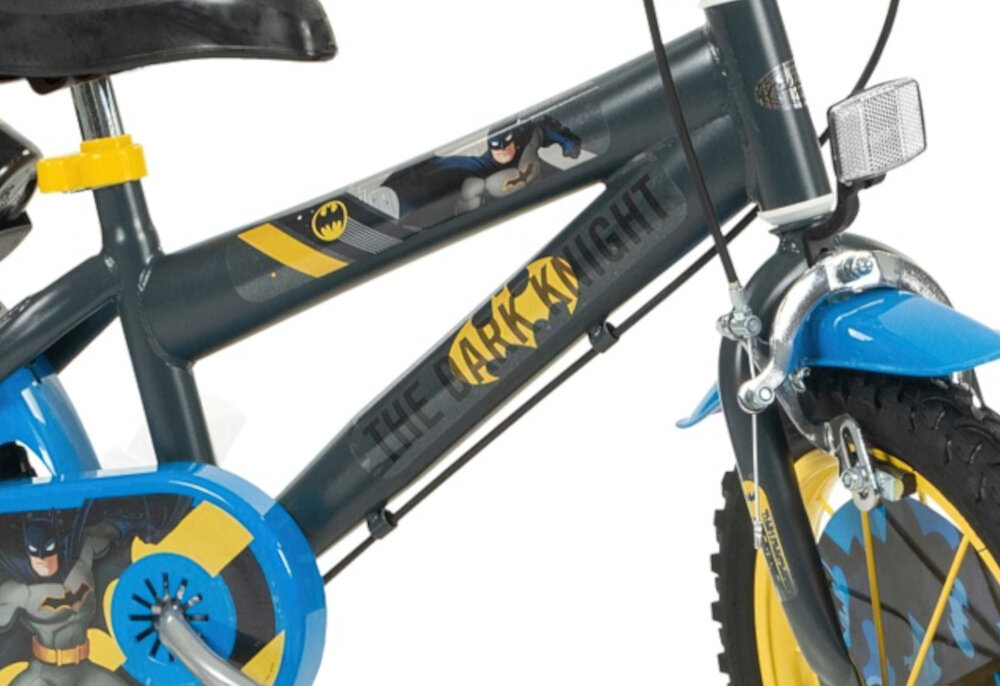 Rower dziecięcy TOIMSA Batman 14 cali dla chłopca w czarno-niebieskiej kolorystyce Batman rama stalowa 10-calowa dostosowana do najmłodszych geometria roweru