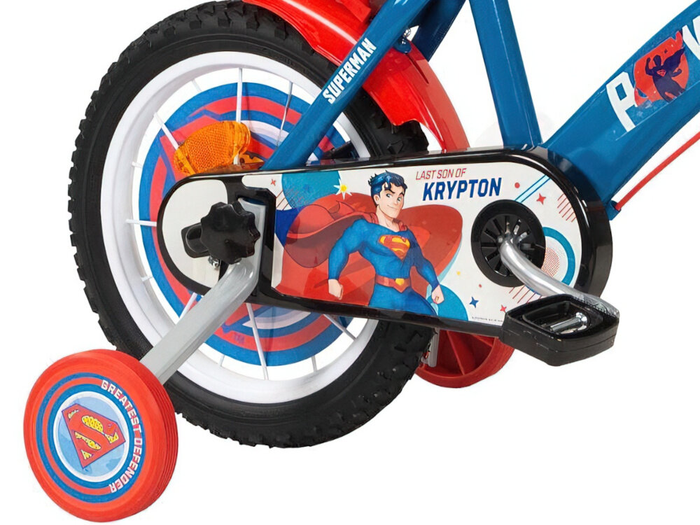 Rower dziecięcy TOIMSA Superman 14 cali  dla chłopca 14-calowe koła dla dzieci w wieku od 4 do 6 lat łańcuch stylowa osłona z wizerunkiem Supermana regularne sprawdzanie ciśnienia powietrza zalecana wartość na bocznej części opony