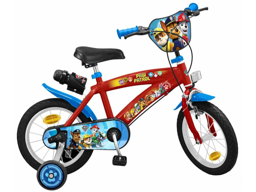 Rower dziecięcy NICKELODEON Psi Patrol 14 cali dla chłopca w czerwonej kolorystyce postacie z Psiego Patrolu