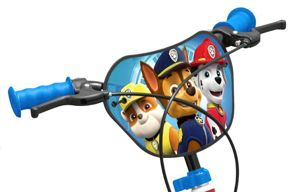 Rower dziecięcy NICKELODEON Psi Patrol 14 cali dla chłopca ukryty kierownicy antypoślizgowy materiał dobrze wyprofilowane kolorowa plakietka na kierownicę z ulubionymi postaciami z Psiego Patrolu