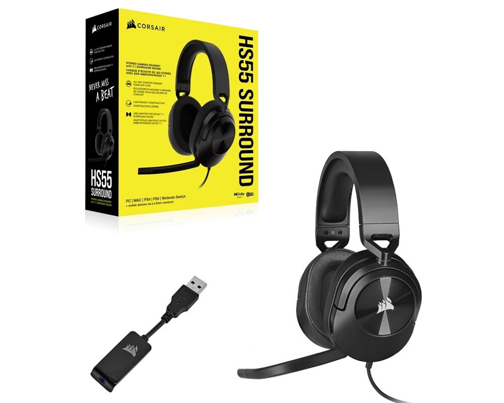 Słuchawki CORSAIR HS55 rozwiązanie gamingowe dla graczy Wyjątkowy dźwięk Komfort użytkowania Doskonała komunikacja Połącz się Bluetooth Miękkie nauszniki