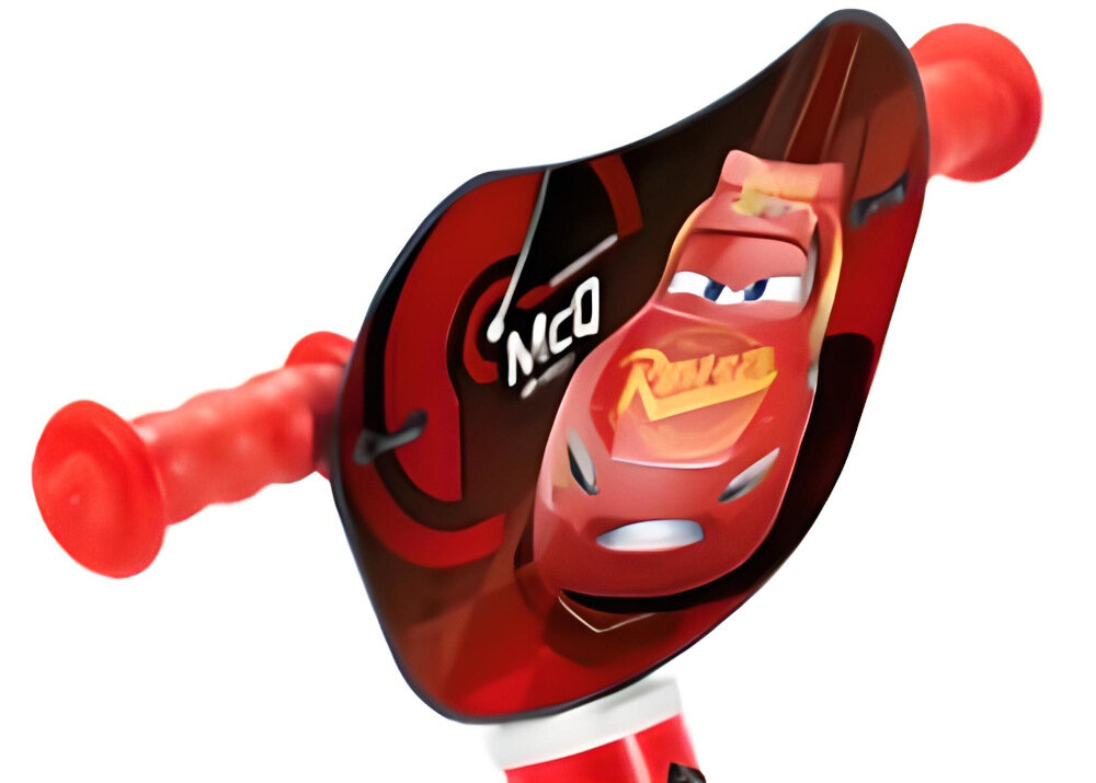 Rowerek biegowy HUFFY Disney Cars 27961W Czerwony kierownica regulowana standardowe uchwyty antypoślizgowy materiał zabezpiecza ręce przed ześlizgnięciem się na boki kolorowa plakietka przedstawia ZygZaka McQueena