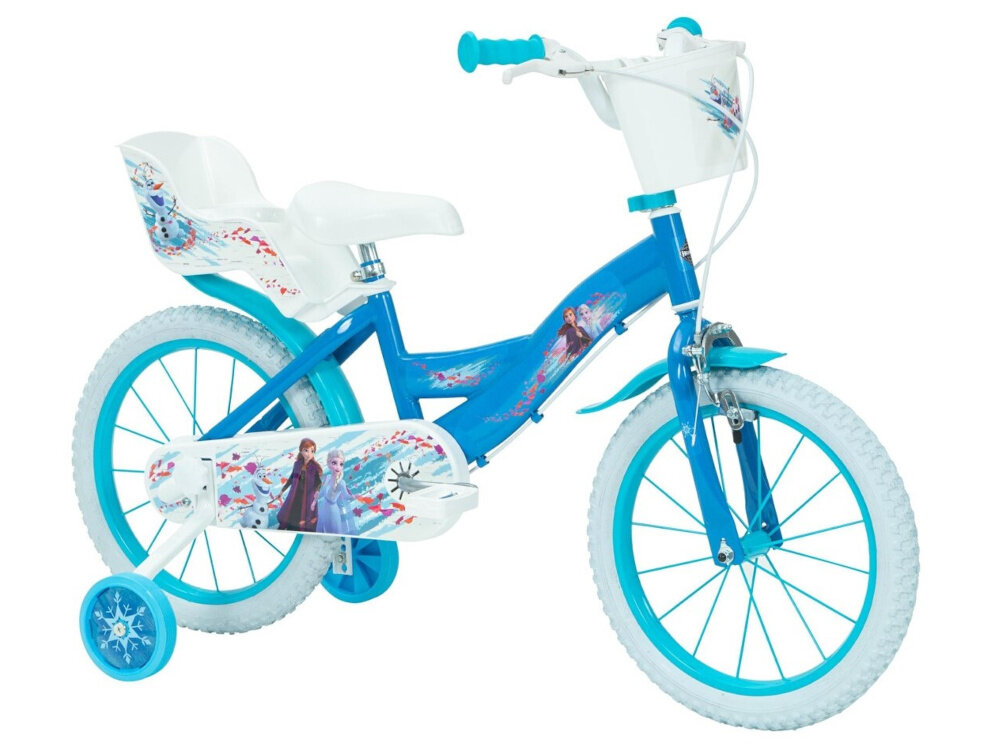 Rower dziecięcy HUFFY Disney Frozen 16 cali dla dziewczynki Niebieski rower na białym tle widoczny od przodu pod skosem dla dzieci w wieku od 4 do 6 lat trwałość wytrzymałość mocna konstrukcja księżniczki Anna i Elsa z bajki Kraina Lodu