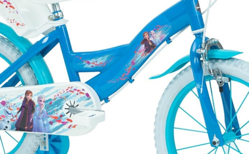 Rower dziecięcy HUFFY Disney Frozen 16 cali dla dziewczynki Niebieski rower na białym tle zbliżenie na ramę odpowiednio wyselekcjonowane materiały stalowa rama dostosowana do najmłodszych geometria ponadprzeciętna odporność na uszkodzenia mechaniczne i działanie czynników zewnętrznych wybór rozmiaru ramy Twój wzrost mierzony w zrelaksowanej pozycji typ