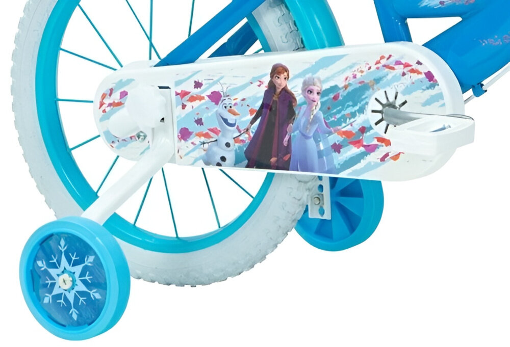 Rower dziecięcy HUFFY Disney Frozen 16 cali dla dziewczynki Niebieski zbliżenie na kółka boczne i osłonę łańcucha zdjęcie na białym tle boczne kółka asekurują dziecko w początkowej fazie nauki boczne kółka można łatwo usunąć osłona łańcucha kolorowa grafika z wizerunkami Anny Elsy i Olafa zabezpiecza łańcuch przed brudem