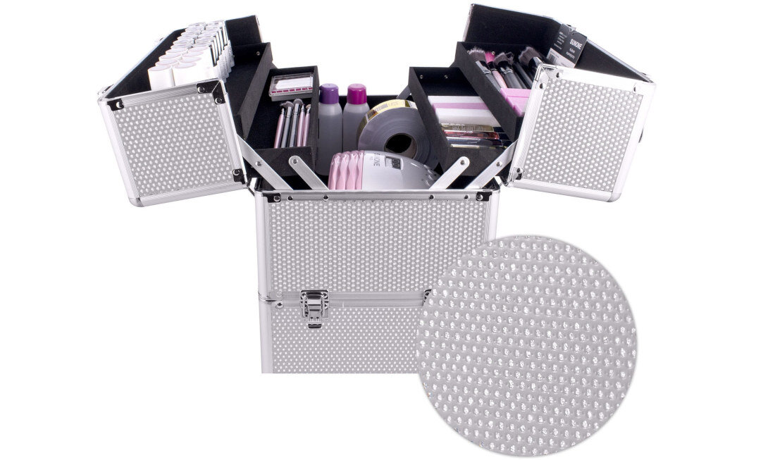 Kuferek kosmetyczny SUNONE XL 14921 Srebrny przestrzen miejsce dwupoziomowe rozkladane polki
