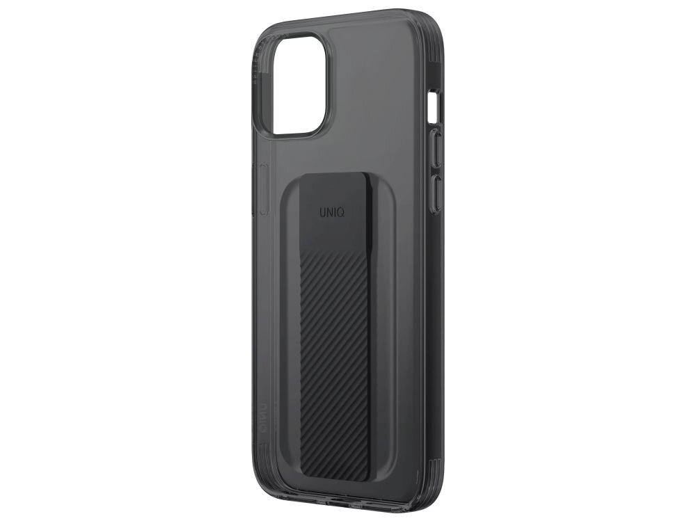 Czarne etui na telefon z wycięciem na aparat i tekstem \'UNIQ\' na tylnej części. Etui ma teksturowany uchwyt i przyciski boczne.