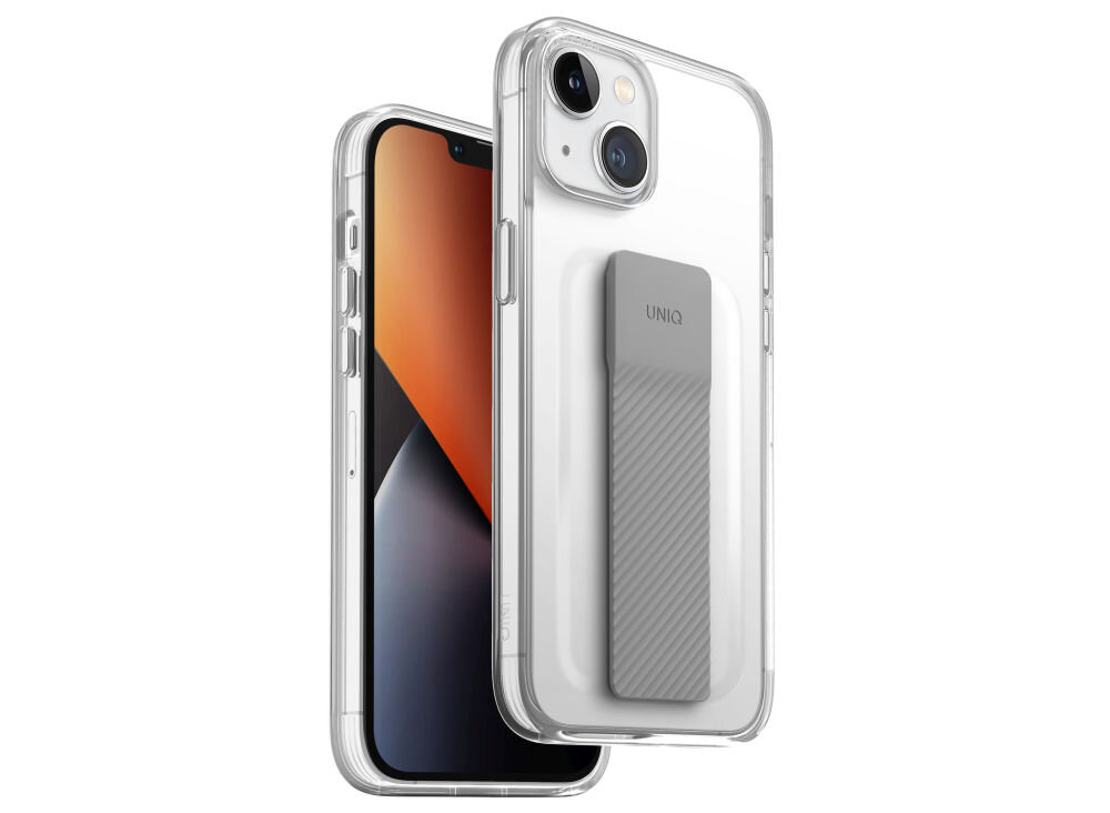 Przezroczyste etui na telefon z widocznym uchwytem oznaczonym napisem \'UNIQ\'. Etui jest dopasowane do modelu telefonu z dwoma aparatami.