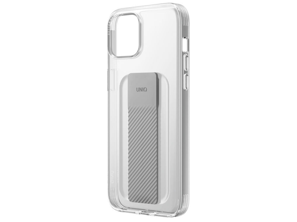 Przezroczyste etui na telefon z widocznym szarym uchwytem z napisem \'UNIQ\'. Etui posiada wycięcia na aparat i przyciski boczne.