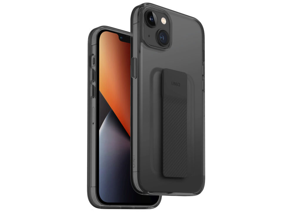 Czarne etui na telefon z widocznym uchwytem i napisem \'UNIQ\'. Etui jest przeznaczone do modelu Apple iPhone 14 Plus.