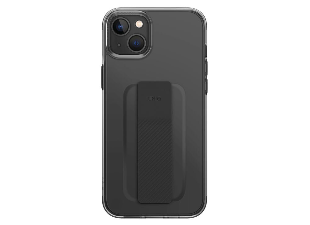 Czarne etui na telefon z widocznym napisem \'UNIQ\' oraz uchwytem na tylnej części. Etui jest przeznaczone do modelu telefonu z dwoma obiektywami aparatu.