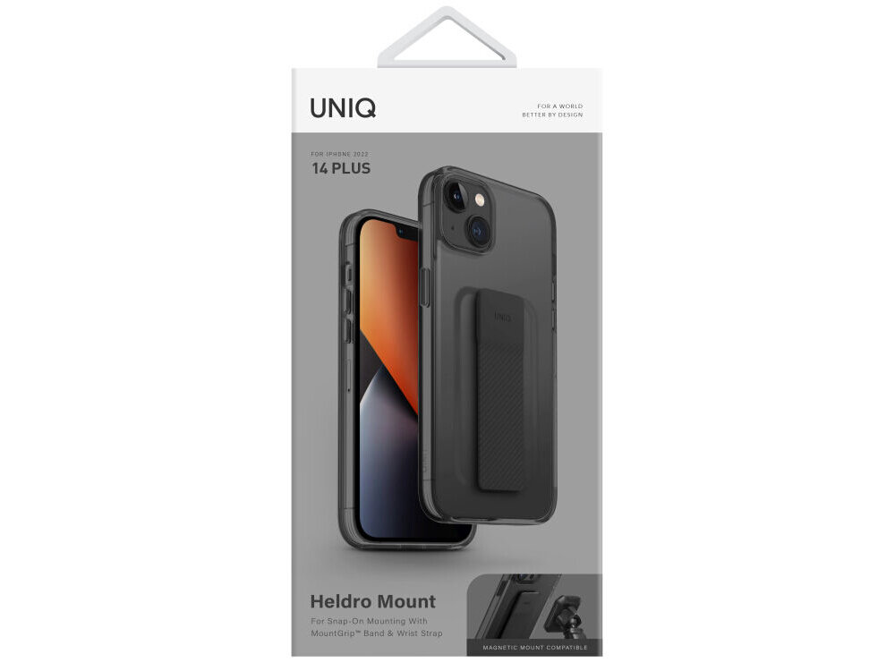 Opakowanie etui UNIQ Heldro Mount do Apple iPhone 14 Plus w kolorze czarnym, z widocznym zdjęciem telefonu w etui. Na opakowaniu znajduje się tekst: \'For iPhone 2022 14 PLUS\', \'Heldro Mount\', \'For Snap-On Mounting With MountGrip™ Band & Wrist Strap\'.