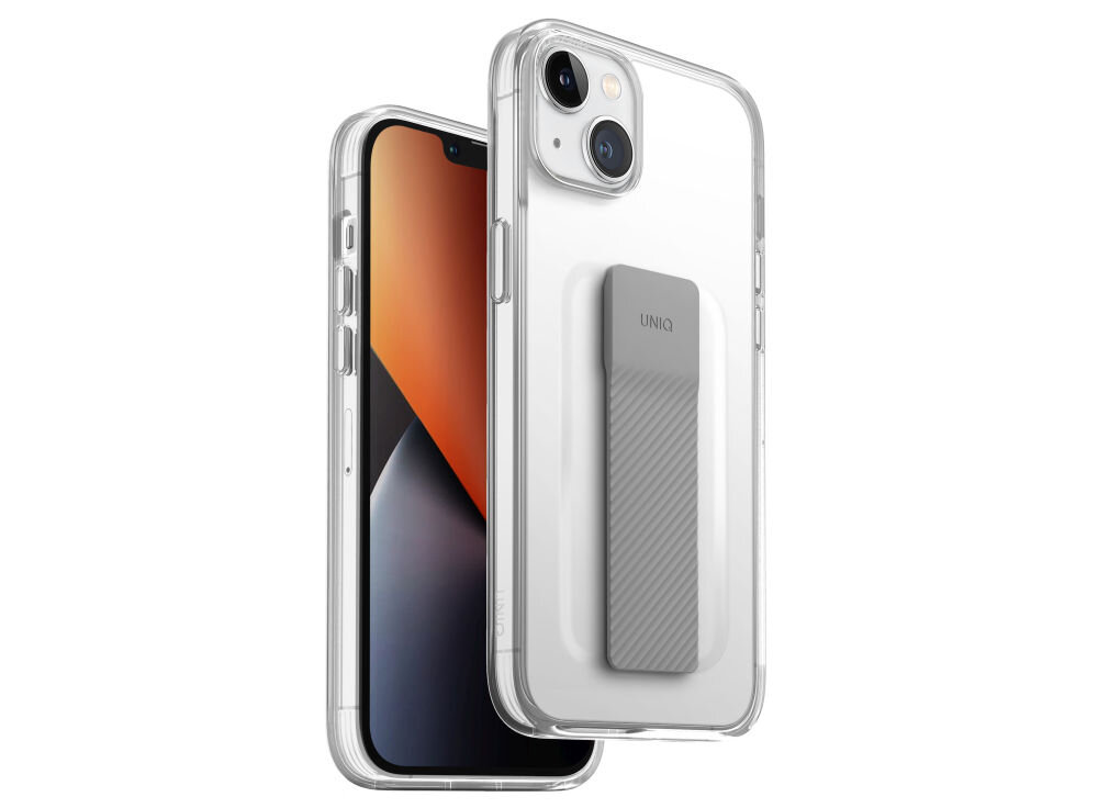 Przezroczyste etui na telefon z widocznym uchwytem oznaczonym napisem \'UNIQ\'. Etui jest dopasowane do modelu Apple iPhone 14 Plus.