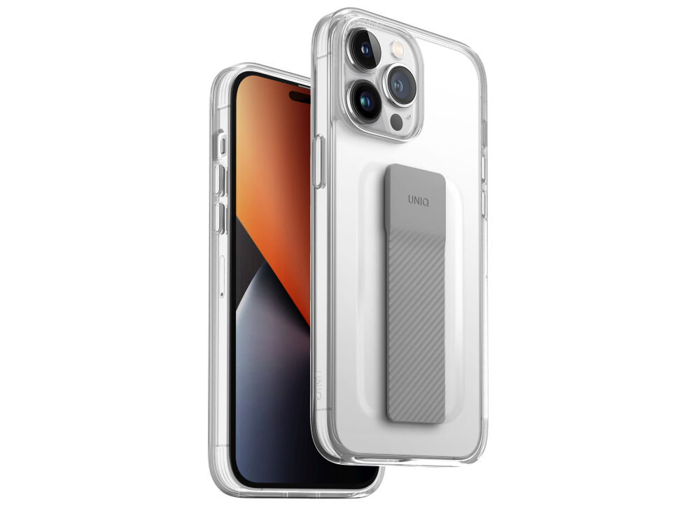 Przezroczyste etui na telefon z widocznym uchwytem z napisem \'UNIQ\'. Etui jest dopasowane do modelu telefonu z trzema obiektywami aparatu.