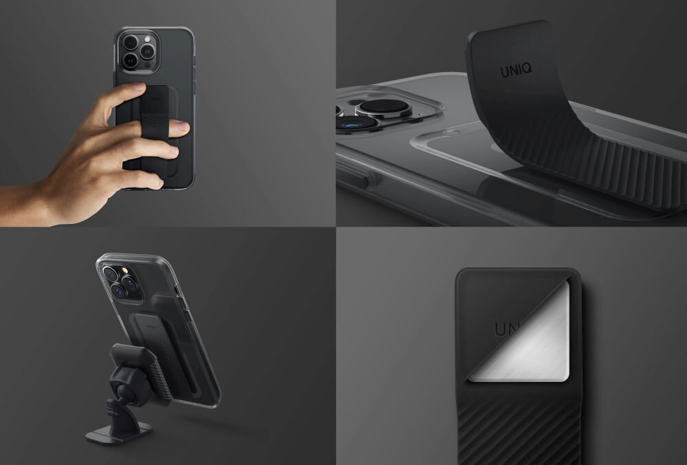Obraz przedstawia szare etui UNIQ Heldro Mount do Apple iPhone 14 Pro Max w różnych ujęciach, w tym z ręką trzymającą telefon oraz zamontowane na uchwycie. Na etui widoczne jest logo \'UNIQ\'.