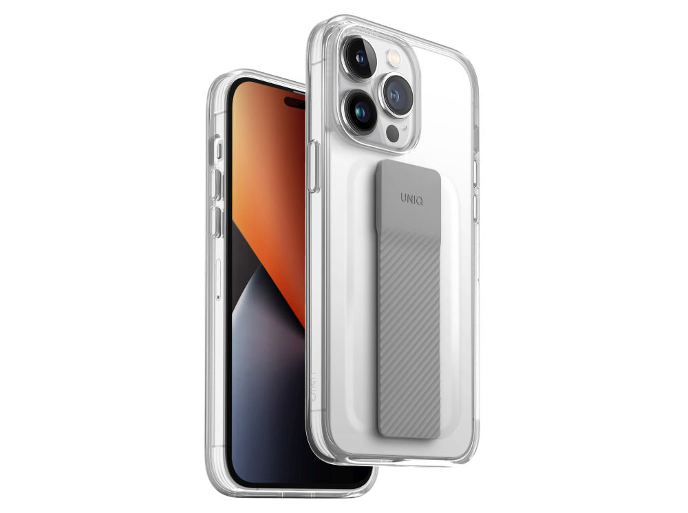 Przezroczyste etui na telefon z widocznym napisem \'UNIQ\' na tylnej części. Etui posiada wbudowany uchwyt w kolorze szarym.