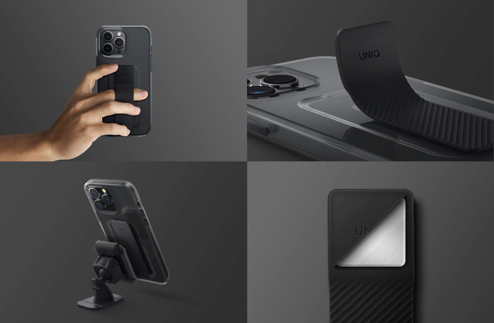 Obraz przedstawia szare etui UNIQ Heldro Mount do Apple iPhone 14 Pro, z funkcją uchwytu i stojaka. Widoczne są różne ujęcia etui, w tym zbliżenie na logo UNIQ oraz sposób montażu na uchwycie.