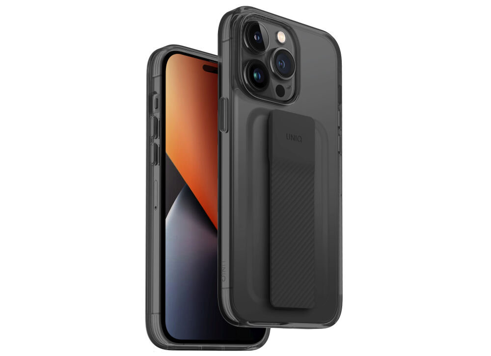 Szare etui UNIQ Heldro Mount do Apple iPhone 14 Pro z widocznym uchwytem na tylnej części. Na etui znajduje się napis \'UNIQ\'.