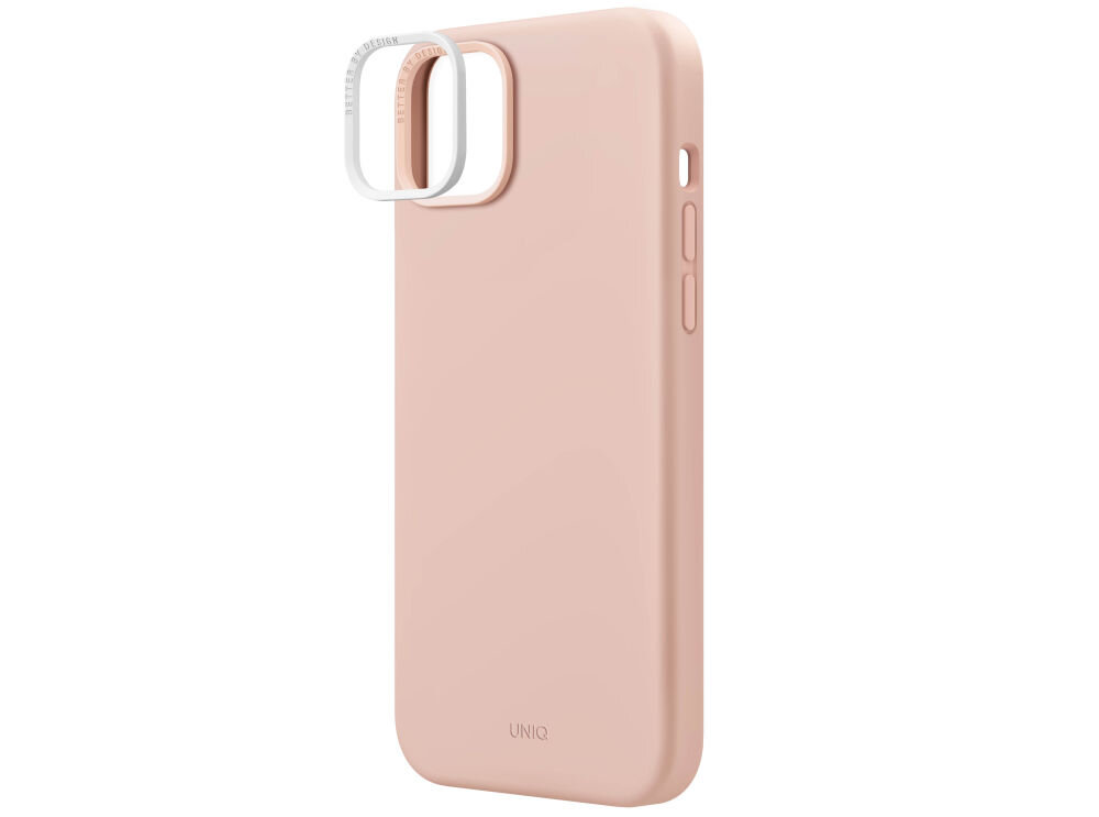 Różowe etui na telefon z wycięciem na aparat i przyciskami bocznymi. Na dole widoczny napis \'UNIQ\'.