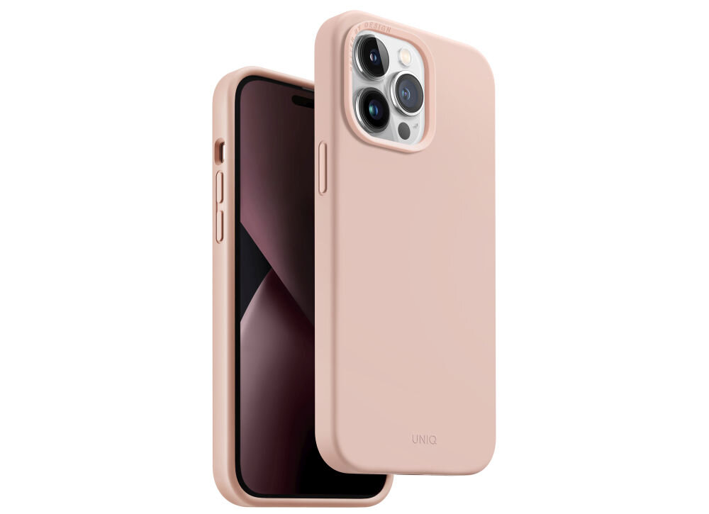 Różowe etui na telefon z trzema wycięciami na aparaty i logo \'UNIQ\' na dole. Etui jest dopasowane do modelu telefonu z dużym ekranem.